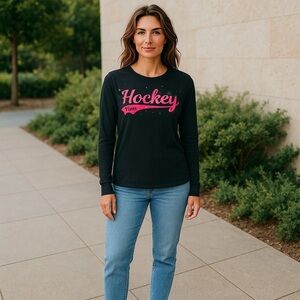 Women’s Hockey Mom X-Large Sweater W/ Rhinestones Crewneck Pink/Black Ice Skates